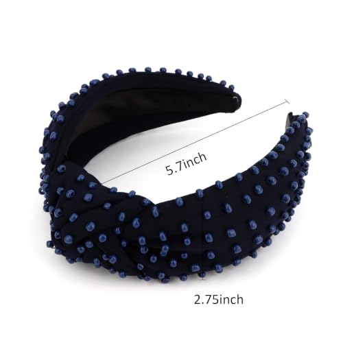 YISSION Navy Blue Dense Beaded Knotted Headband for Women, Wide Padded Top Knot Headband, Non Slip Comfortable Fashion Hairband for Daily Wear, Party, Wedding - color: Navy Blue