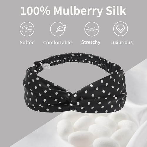 ZLYC Mulberry Silk Headband Elastic Twist Knotted Head Bands for Women's Hair, Polka Dots Black - color: Polka Dots Black
