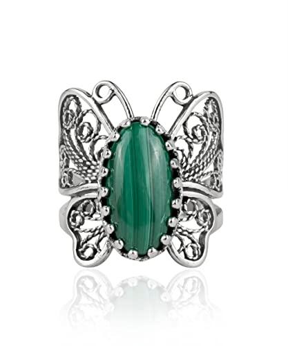 Filigranist Sterling Silver Filigree Art Butterfly Women Cocktail Ring with Gemstones - color: Malachite