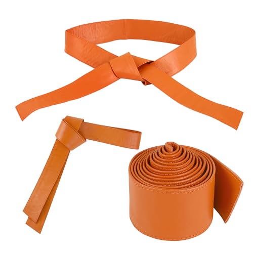 Woman's Obi Sash Tie Plus Size Waist Band Wide Solid Color Genuine Leather Belt - color: Orange