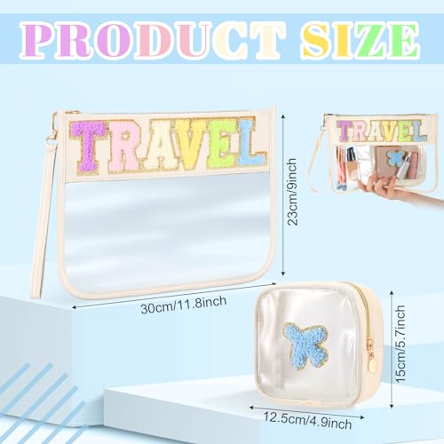 Hillban 2 Pcs Clear Travel Bags Chenille Letter Makeup Cosmetic Toiletry Bags Weekend Gifts Preppy Patch Zipper Pouch for Travel Waterproof Flat Portable Storage Purse for Women - style: Travel Theme