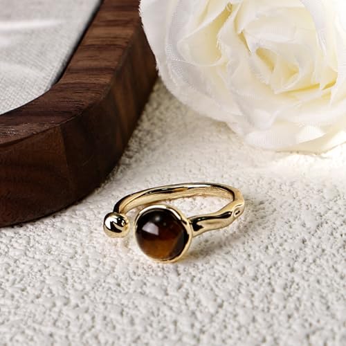 Tigers Eye Ring for Women - 14K Gold Plated Natural Gemstone Adjustable Open Ring, Double Brown Ring for Gift