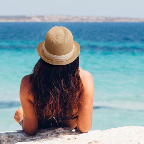 DRESHOW Women Straw Sun Hat Short Brim Panama Travel Fedora Summer Hat Roll Up Beach Cap for Women UPF 50+ - color: 1 Pc Straw Hat: Khaki (Beige Ribbon)