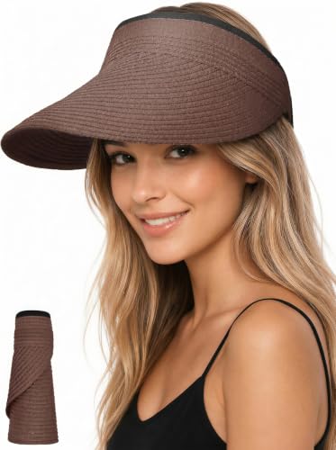 Senker Fashion Sun Hats Visor for Women, Straw Beach Hat Adjustable Wide Brim Ponytail Packable for Summer Travel UPF 50+ - color: Brown