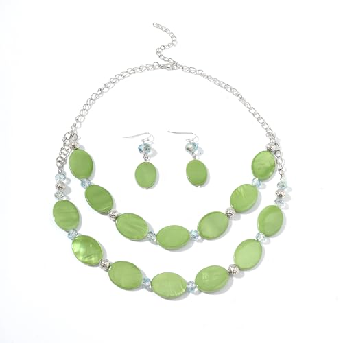 2 Layered Chunky Beaded Shell Necklace for Women Sea Shell blue/yellow/red/green/turquoise/teal/white Statement Necklace and Earring Set Elegant Women Necklace Set Jewelry Sets for Women - color: Green