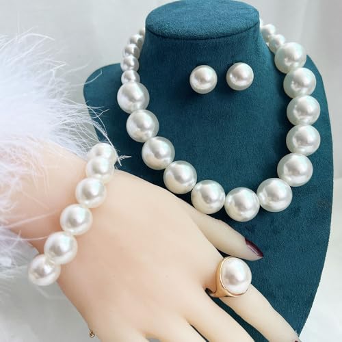 Chunky Beads Jewelry Set Boho Large Simulated Pearl Statement Colorful Beaded Necklace Bracelet Earrings Ring Set Holiday Party Bride Outfit for Women - color: White