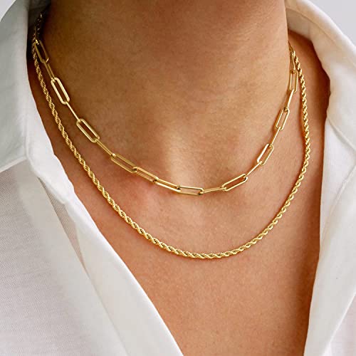 CHESKY Layered Necklaces for Women, 14K Gold Plated Chain Necklace Women Trendy Cuban Link Paperclip Chain Toggle Clasp Necklace Fashion Chunky Jewelry for Women - style: Paperclip/Rope-GD