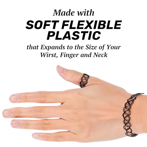 BodyJ4You 3PC Tattoo Choker Set Necklace Bracelet Ring - 90s Necklace 2000s Y2K Fashion Vintage - Stretchy Elastic Neck Lace Women's - Gothic Black Multicolor Rainbow - Classic Fashion Trend - color: Black