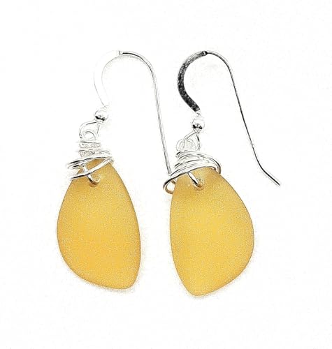 Popular Recycled Sea Glass Earrings on Sterling Silver Hooks - color: Yellow 2