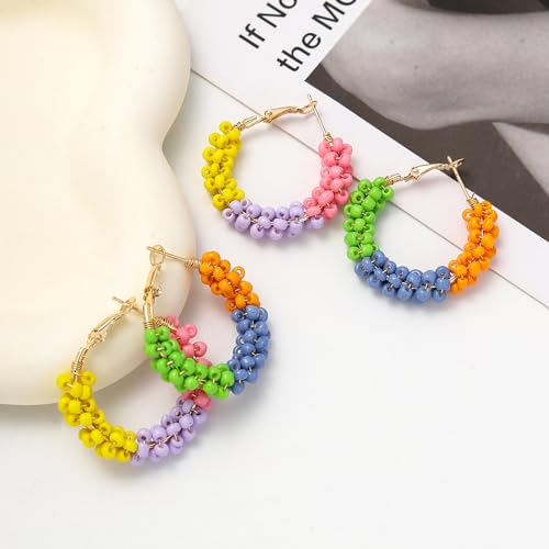 Jinxiuge 6 Pair Beaded Hoop Earrings Boho Flower Round Earrings Women's Handmade Earrings Set - style: Style-G