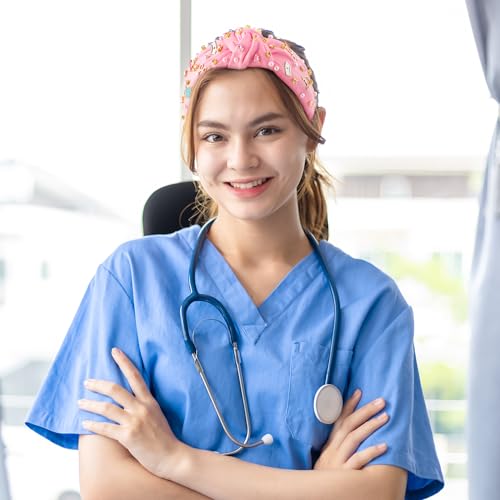 PANTIDE Nurse Jeweled Knotted Headband - Christmas Nurse Day Gift Medical Mask Rhinestone Crystal Pearl Embellished Headband Wide Top Knot Hair Accessories for Doctor Nursing Student Women Girl (Pink) - color: Pink Nurse