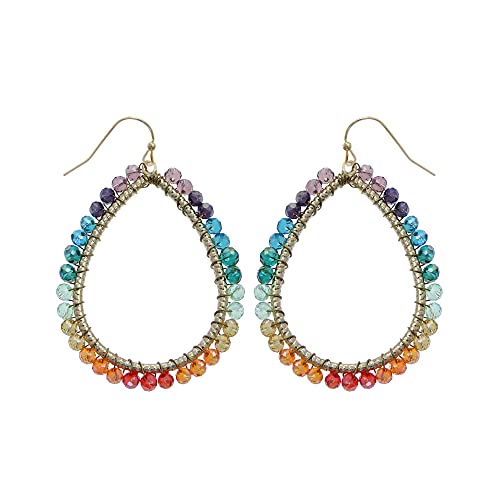 Bohemian Boho Teardrop Dangle Drop Earrings for Women – Delicate - Handcrafted Wire Wrapped Colorful Faceted Glass Beads – Gold Plated – with Gift Box Included - color: Rainbow Multi