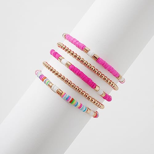 GOOJIDS Surfer Heishi Clay Bead Bracelets for Women Bohemian Stackable Gold Plated Beaded Stretch Bracelets Elastic Layering Friendship Bracelets Set Boho Jewelry - color: A-Multicolor Rose Sets