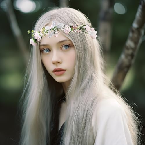 Vivivalue Pearl Flower Crown Floral Garland Headband Flower Halo Headpiece Hair Wreath Boho with Ribbon Wedding Party Festival Photos Pink - color: 5