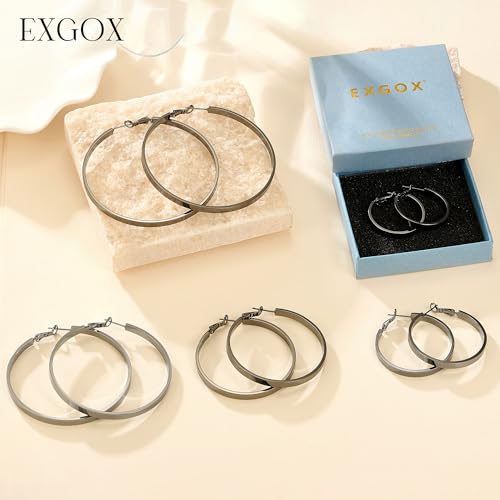 EXGOX Silver Hoop Earrings for Women - Sterling Silver & 14K Gold Plated - Hypoallergenic 925 Silver - Big Hoop Earrings (30/40/50/60/70mm) - color: 4MM Wide-Black 50mm