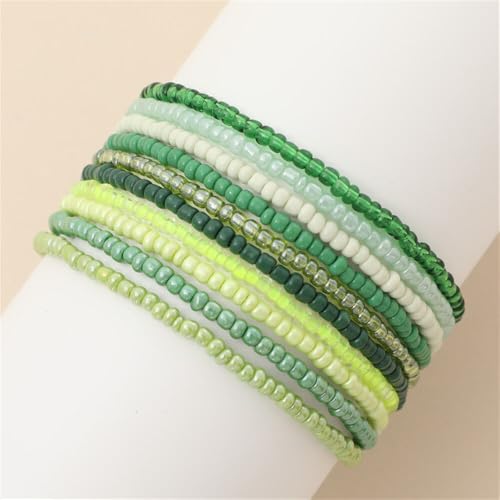 Boho Stackable Rice Beaded Bracelet Set for Women 8-10Pcs Colorful Handmade Multilayered Crystal Beads Bracelets Summer Beach Bohemian Jewelry Gift - color: A Green