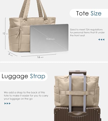 Tote Bag for Women with Zipper, Quilted Puffer Tote Bag with Compartments, Lightweight Puffy Work Bags for Women Travel - color: Desert