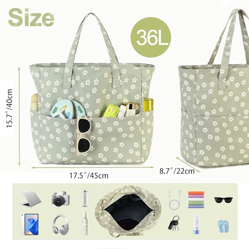 Bluboon Waterproof Beach Tote Pool Bags for Women Ladies Extra Large Carry On Bag With Wet Compartment for Weekender Travel - color: Beige Flower Green