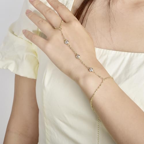 Hand Chain Bracelet Stainless Steel Finger Ring Bracelet Adjustable Gold Plated Hand Chain CZ Stackable Boho Minimalist Jewelry for Women - color: Gold Hand Chain Bracelet AN141G
