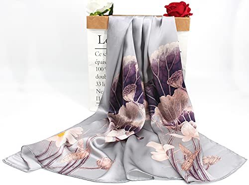 ANDANTINO 100% Silk Long Scarf-Women Large Oblong Shawls with Gift Packed - color: Lotus Pond-light Grey