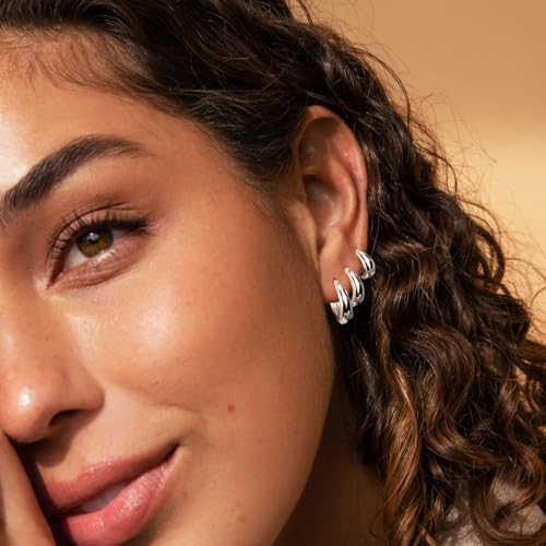 Poxtex Small Sterling Silver Huggie Hoop Earrings Set for Women, Hypoallergenic 14K Gold Plated Hoops Stacks for Multiple Piercings, Dainty Cute Mini Lightweight Cartilage Studs Trendy Jewelry Gift - color: Silver-chunky hoops 8 10 12
