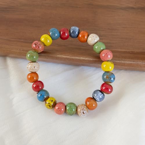 Handmade Multi-Color Faceted Ceramic Beads Bracelet for Women, Boho Stretch Bracelet with Oval Colorful Glazed Beads, Adjustable Bohemian Jewelry Gift for Mom Wife - color: colorful (8mm beads)