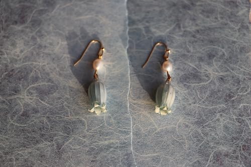 All natural delicate Campanula flowers paired with pearl drop earrings are handmade and unique，Vintage-Style Pearl Drop Earrings, Blue Glass Bell Flower Design, Gold-Tone Hooks，Real Preserved Bellflower & Freshwater Drop Earrings | Handmade Hypoallergenic