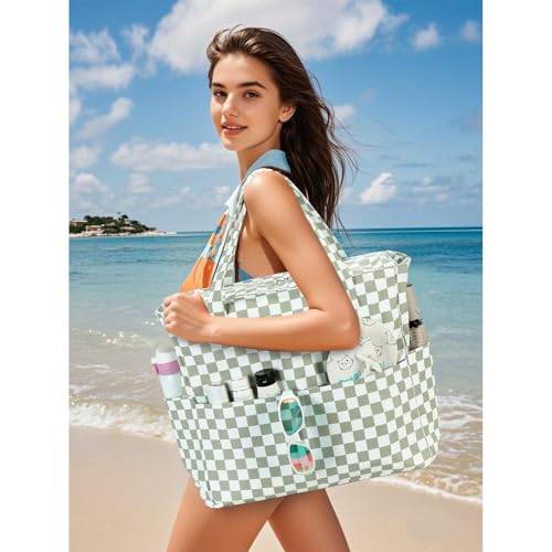 Bluboon Waterproof Beach Tote Pool Bags for Women Ladies Extra Large Carry On Bag With Wet Compartment for Weekender Travel - color: Grass Green White Grid