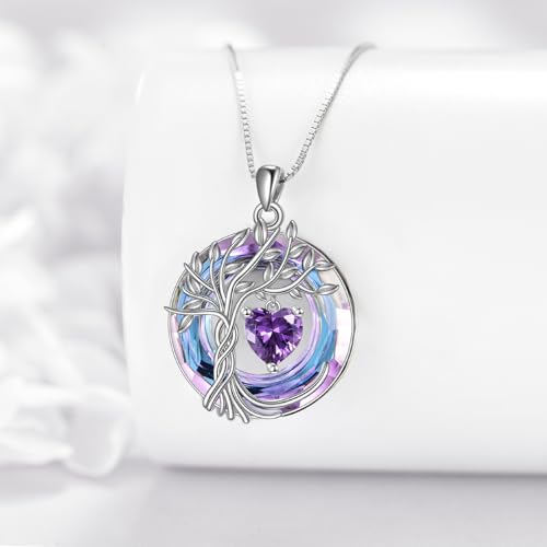 POPLYKE Mothers Day Gifts for Mom Her Wife Tree of Life Necklace 925 Sterling Silver Birthstone Pendant with Crystal Anniversary Birthday Wedding Jewelry for Women - color: 02-Feb-Amethyst, style: White Gold Plated-Amethyst Crystal