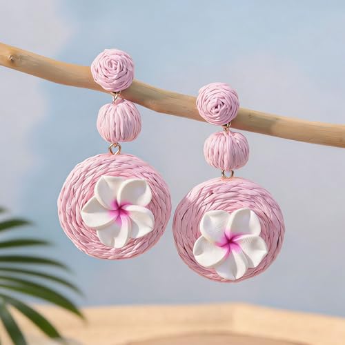 Boho Raffia Ball Earrings for Women, Handmade Statement Drop Earrings Straw Dangle Earrings Beach Vacation Jewelry - color: Pink flowers
