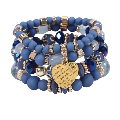 Nyx&lvy Pink Crystal Beaded Stretch Bracelet Set with Gold Heart Charm, Multi-Strand Fashion Jewelry for Women - style: Purple