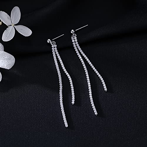 SLUYNZ 925 Sterling Silver Simulated Diamond Drop Earrings Linear Dangle Earrings for Women Teens Eelgant Wedding Bridal Prom Earrings Dainty CZ Long Dangling Earrings Tassel 4.5 cm/7.5 cm - color: B-Silver-6.3cm