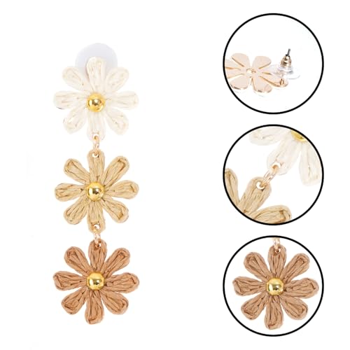 Raffia Flower Earrings Boho Handmade Straw Wrapped Drop Dangle Earrings for Women Summer Beach Jewelry - color: khaki