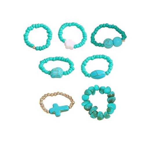 7Pcs Bohemian Turquoise Rings for Women Exaggerate Western Knuckle Ring Sets Stackable Beads Elasticity Finger Rings Set Simple Beaded Finger Jewelry Gifts