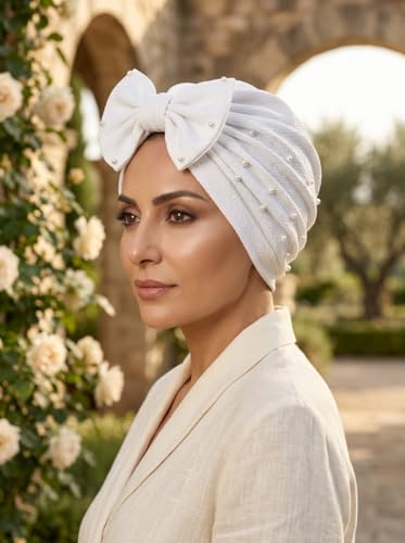 Bohend Stretchy Bowknot Turban Headband Elastic Cap Non Slip Bonnet Beanie Headwrap Hats for Women and Girls - color: White