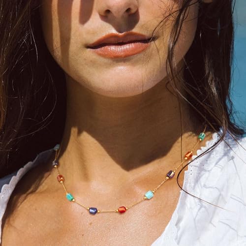 MTMY Beaded Necklaces for Women 14K Gold Plated Dainty Colorful Green/Rose Beaded Pearl Choker Necklace Delicate Boho Choker Necklace Jewelry Gift - style: mixed color cube