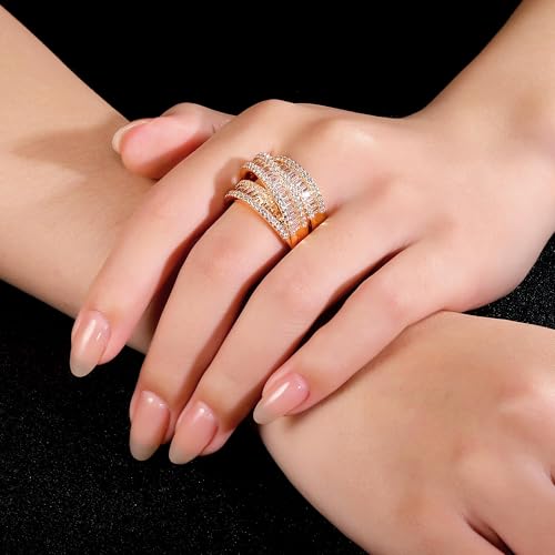 MDFUN 18K White Gold/Yellow Gold Plated Halo Wedding Eternity Ring for Women, 3 Rows Emerald Cut Cubic Zirconia Rings Statement Band Size 5-10 - color: Yellow Gold