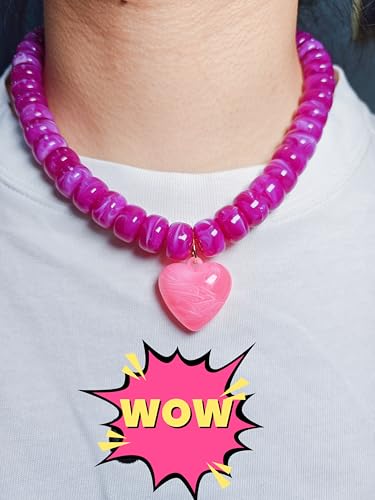 Chunky Colorful Beaded Statement Boho Summer Beach Chokers Necklace Heart Pendant Pink Green Yellow Brown Fashion Jewelry - color: Cranberry pink