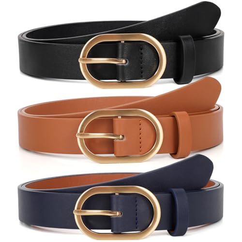 XZQTIVE 3 Pack Plus Size Women's Leather Belts for Jeans Pants Dress Fashion Gold Buckle Ladies Waist Belt - color: E-black+brown+navy, size: Small: fits waist from 25"-30"
