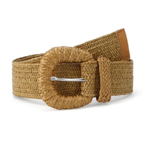 HOTWILL Women Straw Woven Belt Boho Elastic Stretch Braided Waist Belts for Summer Dresses - color: Khaki_d Ring Buckle