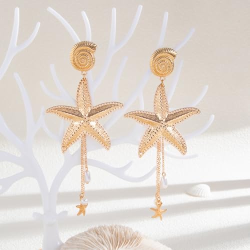 Starfish Tassel Dangle Earrings for Women Jellyfish Earrings Beach Long Dangle Drop Earring Summer Charm Earrings Ocean-Themed Dangling Earring Boho Beach Jewelry - color: Gold