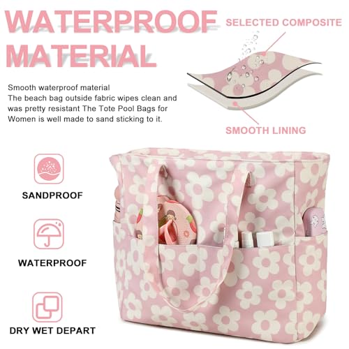Bluboon Waterproof Beach Tote Pool Bags for Women Ladies Extra Large Carry On Bag With Wet Compartment for Weekender Travel - color: Beige Flowers