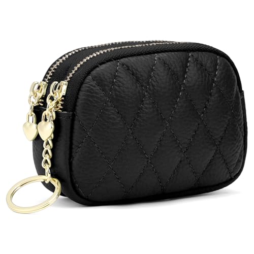 SENDEFN Women's Coin Purse Genuine Leather Wallet Small 2 Zippers Change Pouch Purse with Keychain Ring - color: 2-Black