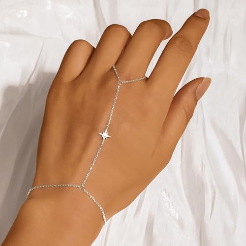 925 Sterling Silver Hand Chain Bracelet for Women,Non Tarnish 14k Gold Plated CZ Crystal Heart Starburst Ring Bracelets Hand Chain Dainty Diamond Layered Stackable Link Chain Beach Waterproof Graduation Wedding Gifts - color: SilverA