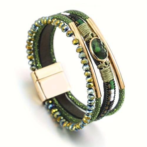 Boho Layered Bracelet for Women – Green Crystal Beaded Wrap Bracelet with Gold Clasp, Multi-Strand Hypoallergenic Statement Jewelry - color: Green