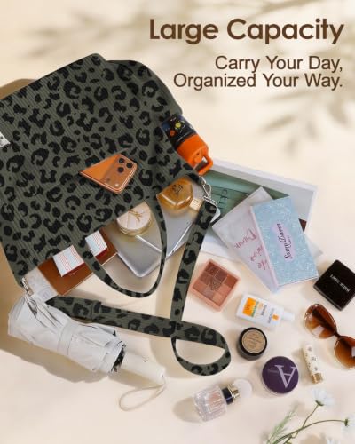 Miss Adola Crossbody Corduroy Tote Bag for Women, Large Tote Bag with Multi-Pockets and Zipper for Travel Work - color: Black Leopard Print