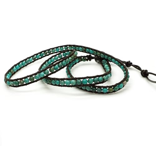 3 Wrap Genuine Leather Bracelet Gemstone Bead - color: forest Turquoise