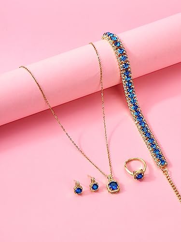 Paxuan 4pcs Cubic Zirconia Wedding Jewelry Sets for Bride Bridesmaid Cubic Zirconia Pendant Necklace Earrings Link Tennis Bracelet Open Ring Set for Women - color: Gold Plated Sapphire Cubic Zirconia