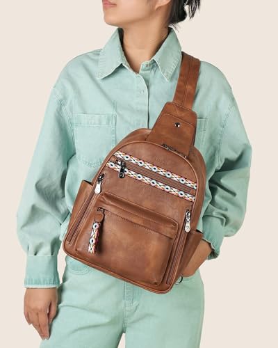 FADEON Large Sling Bag for Women, Leather Crossbody Purse Designer Anti Theft Sling Backpack, RFID Fanny Packs for Travel - color: 1 Brown Retro Style