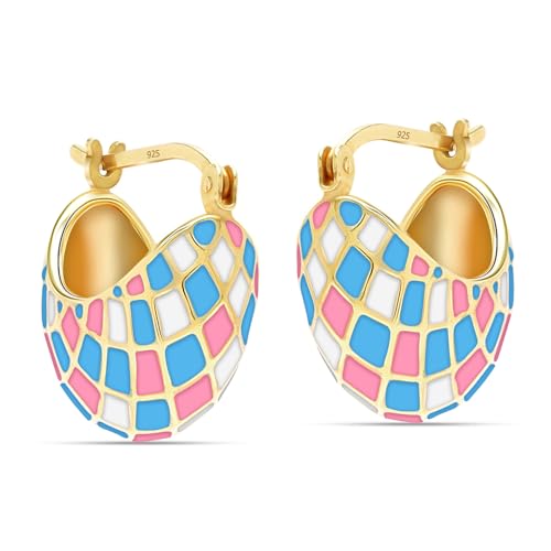 LeCalla 925 Sterling Silver Hoops Earrings | Hollow-Puff Shrimp Earring Hoops | Women's Gold-Plated Jewelry | Lightweight Electroforming Hoop Earring Jewelry for Birthday - style: Enamel Patchwork